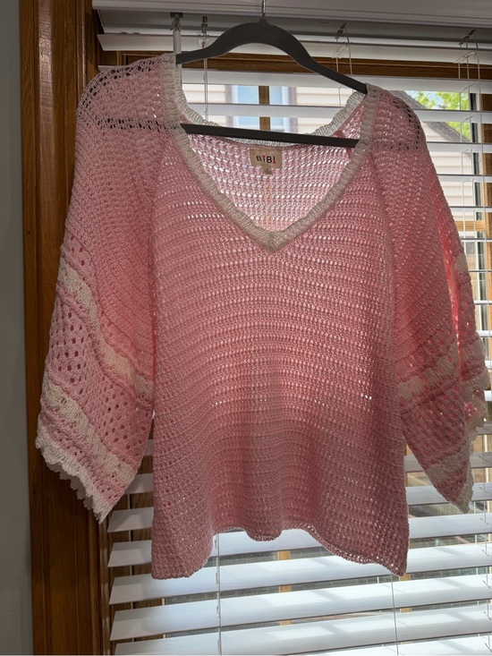 BiBi Sweaters - BiBi Pink and Cream Crochet V-Neck Sweater